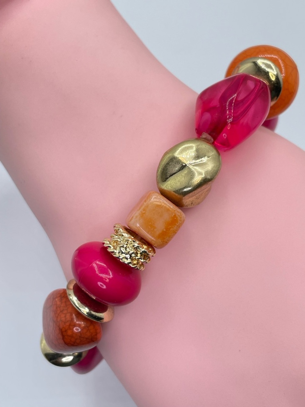 Gold Tone Pink Orange Beaded Stretch Bracelet Chunky Statement Bold